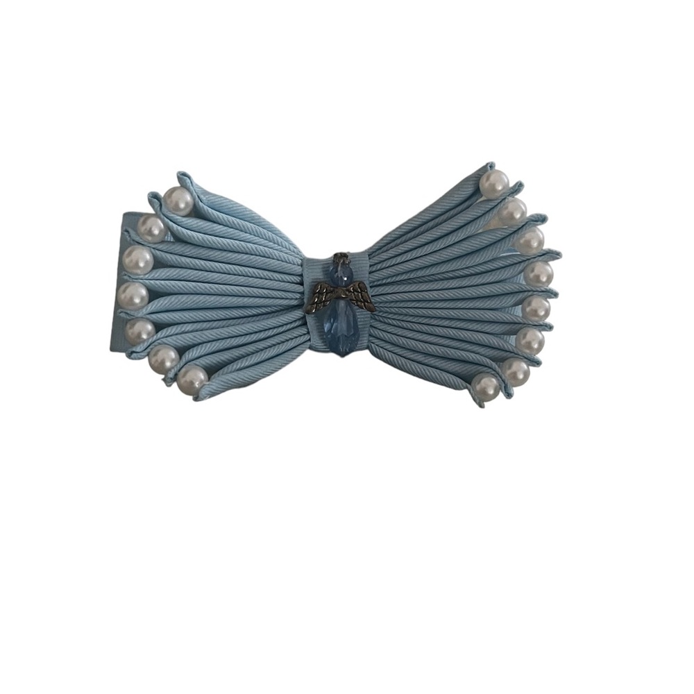 Handmade Light Blue Bow With Pearls And A Angel